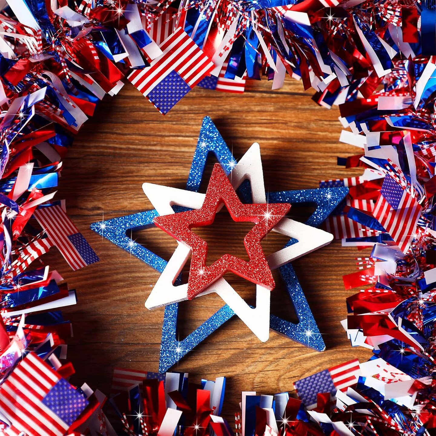 3 Pieces 4th of July Wooden Star Signs Patriotic Decoration Red, White and Blue with Glitter for Table Decor