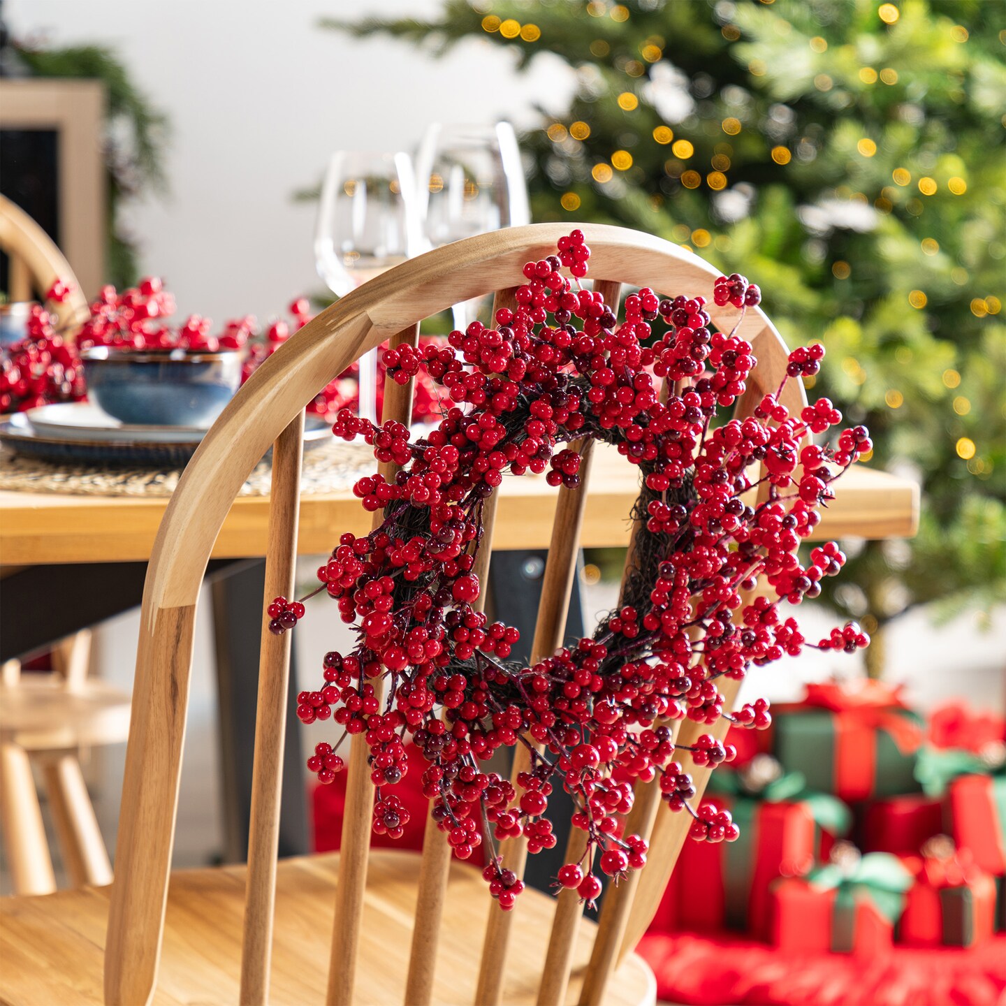 Set of 5 Christmas Red Berries 41&#x22;H Porch Tree &#x26; 6ft Garland &#x26; 25&#x22;D/14&#x22;D Wreath Set