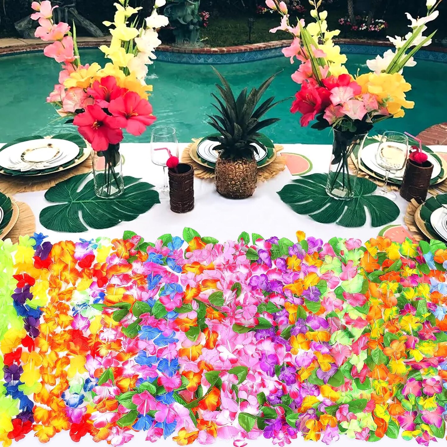 Hawaiian Leis for Luau Party, 36PCS Tropical Flower Lei for Summer Party Supplies