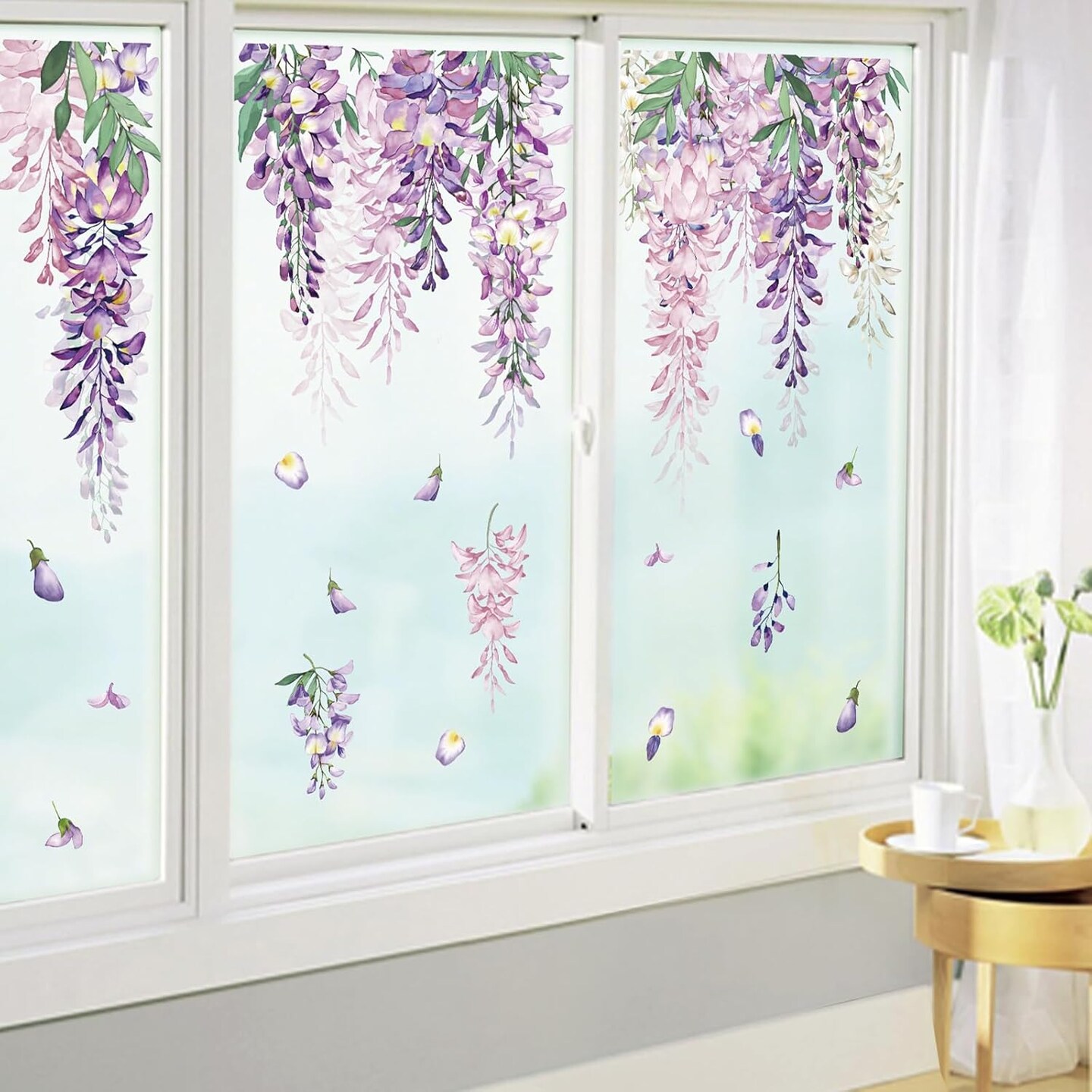 Summer Purple Flower Window Clings – Wisteria Vine Floral Leaf Glass Decals, Double-Sided Static Stickers for Home Windows