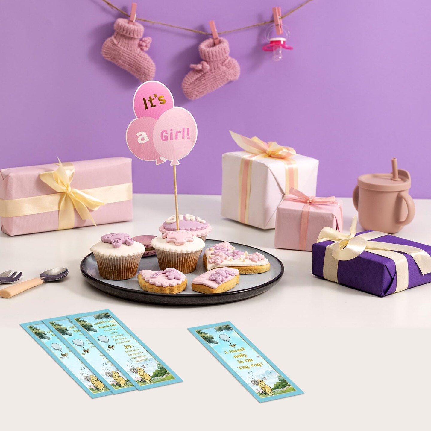 Winnie Baby Shower Set, 30 Pcs Thank You Gifts, Bamboo Pens, Greeting Cards, Gender Reveal Souvenirs