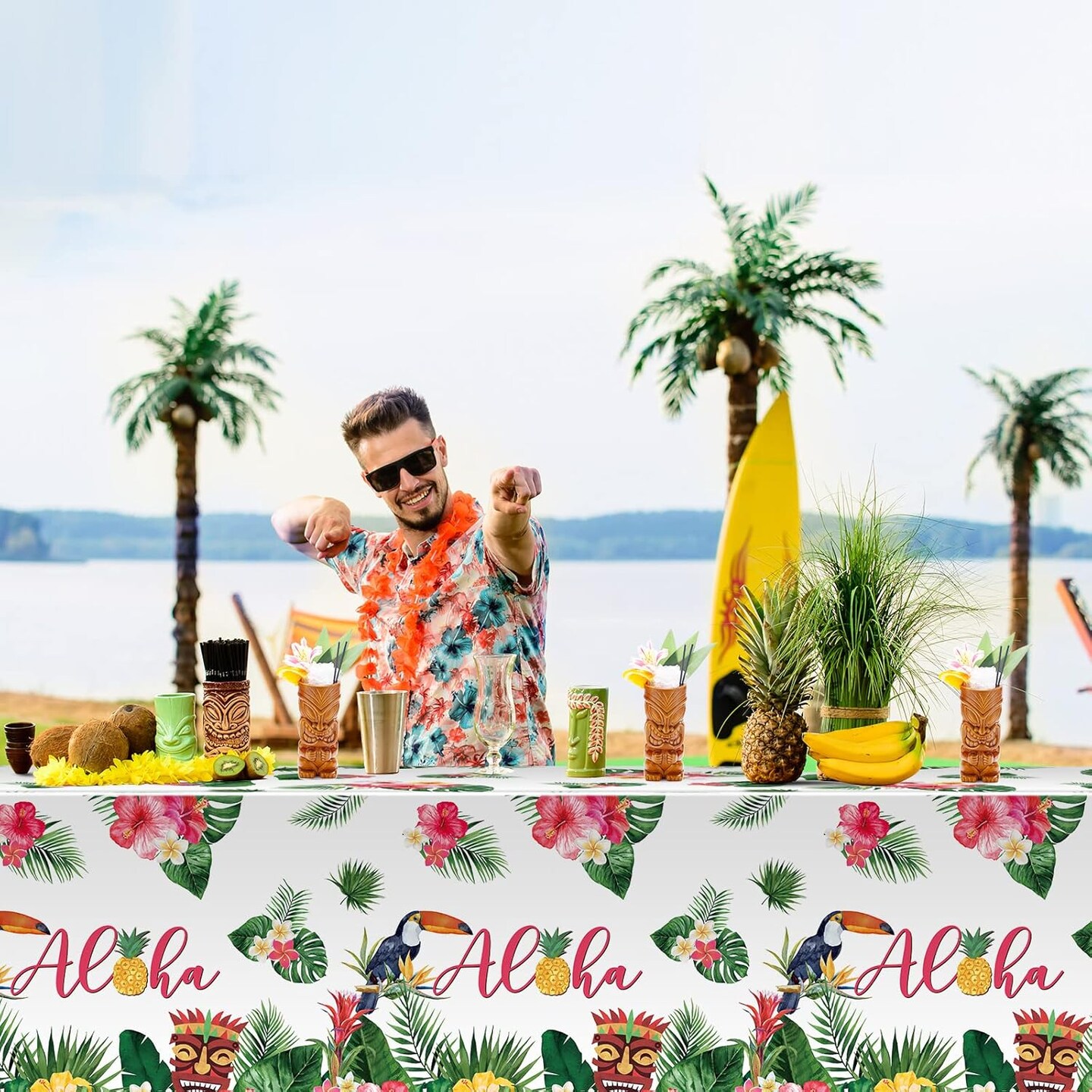 Hawaiian Luau Tablecloths, 108 x 54 in Luau Decorationtropical Palm Leaves Table Cloth