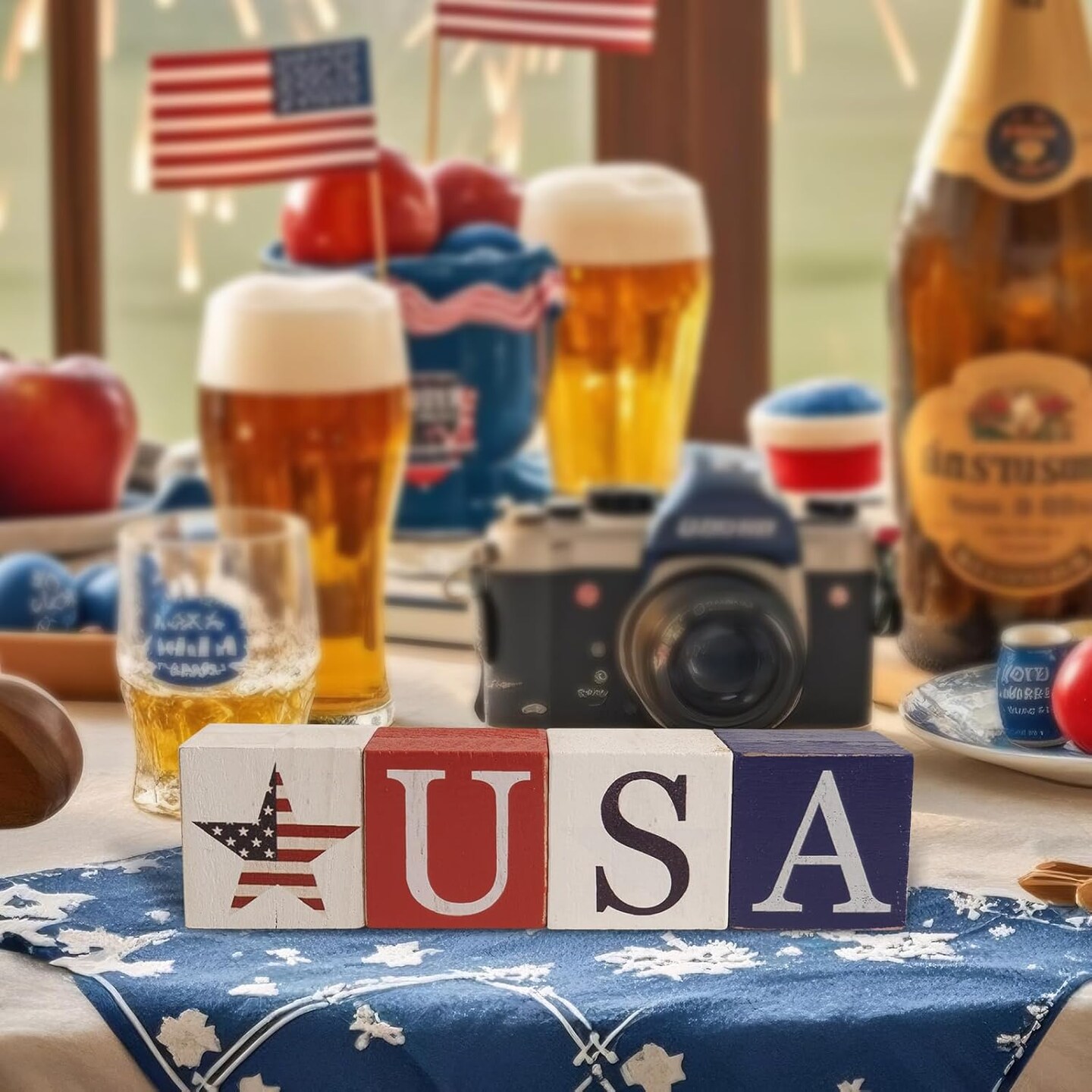 Wooden 4th of July Table Decorations for Home, 4pcs Double Sided Patriotic USA Stars Sign Wood Blocks