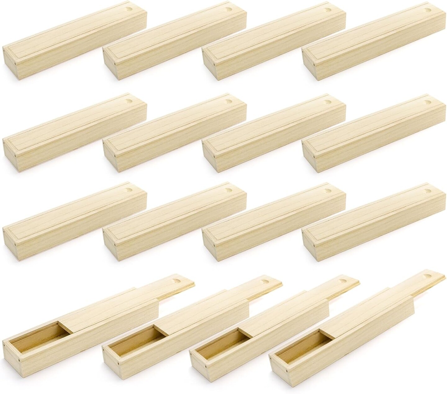 16 Pack Unfinished Wood Box with Sliding Lid, Small Narrow Pencil Box Rectangular Keepsake Case Small Gift Boxes for Art Hobbies, DIY Craft, Jewelry Necklace Storage