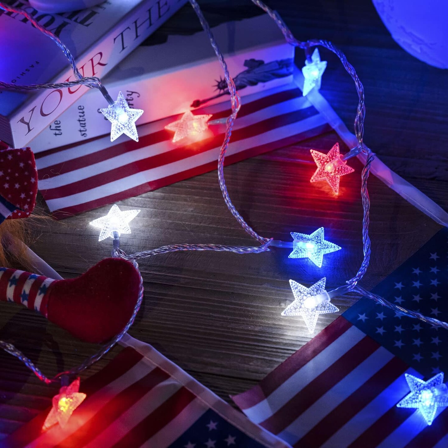 Red White Blue Solar Lights, 4th of July Decor Star String Lights 100LED Garden Solar Lights 51FT Waterproof 8 Modes for Outdoor Garden 4th of July Independence Day Memorial Day Decor