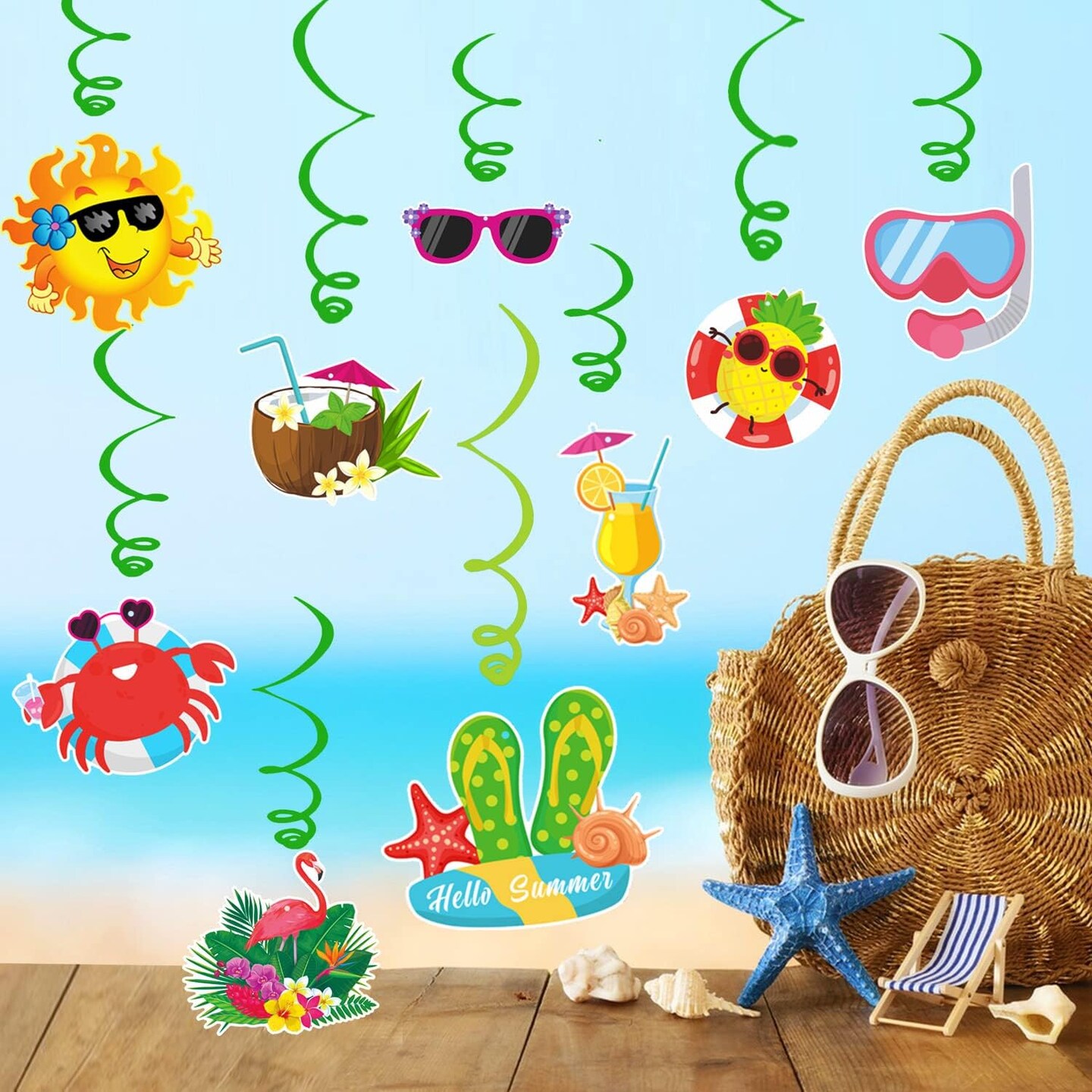 Colorful “Hello Summer” Party Decorations Set – Beach & Pool Theme Banner, Hanging Swirls & Vacation Garland for Summer Holiday Parties