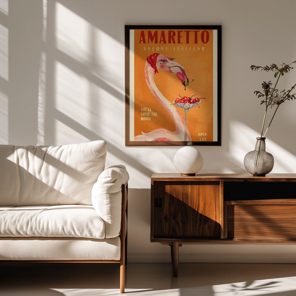 Amaretto Flamingo Art Deco Italian Cafe Travel Art - The Whiskey Ginger 24x36 Black Framed Art | Home or Office Art