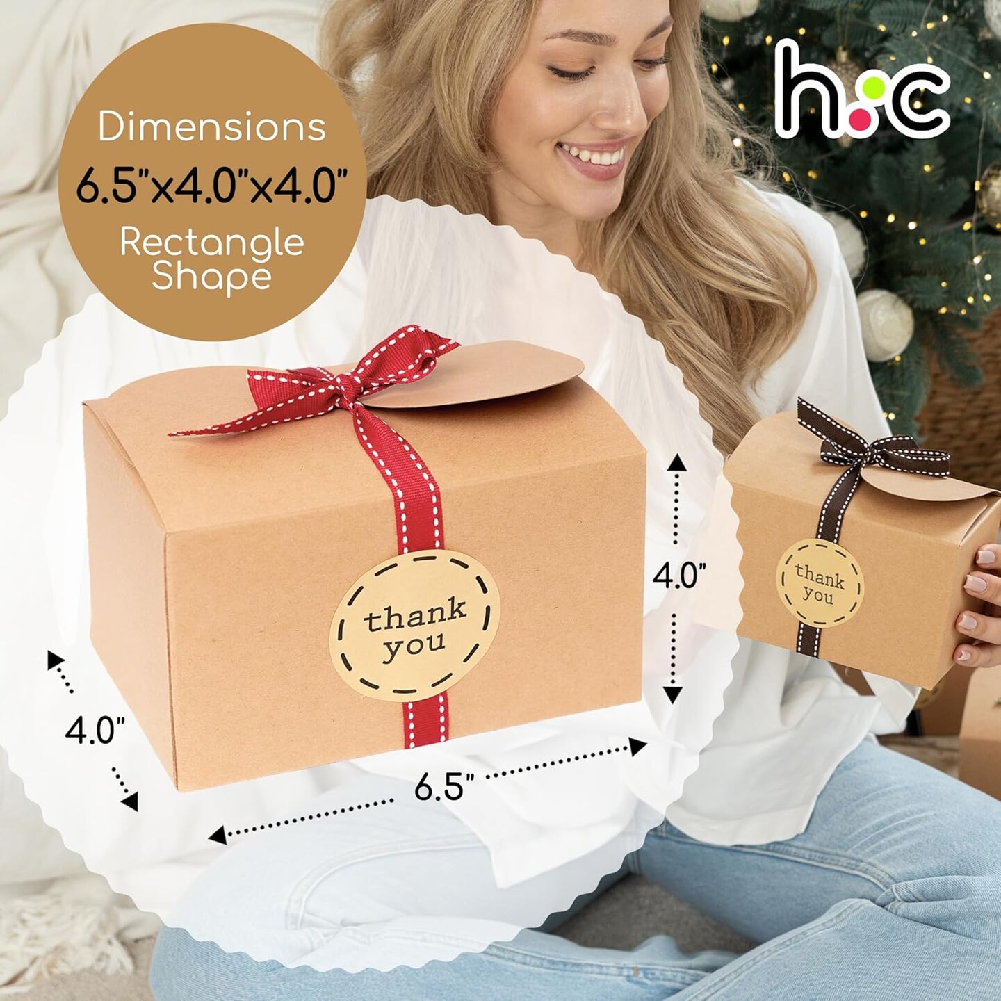 Brown Kraft Cookie Boxes with Ribbons &#x26; Stickers (20 Pack) 6.5&#x201D; x 4&#x201D; Small Cardboard Gift Boxes for Gift Giving, Baked Goods, Candy, Christmas, Decorative Food Packaging, Bakery Treats, Empty, Bulk