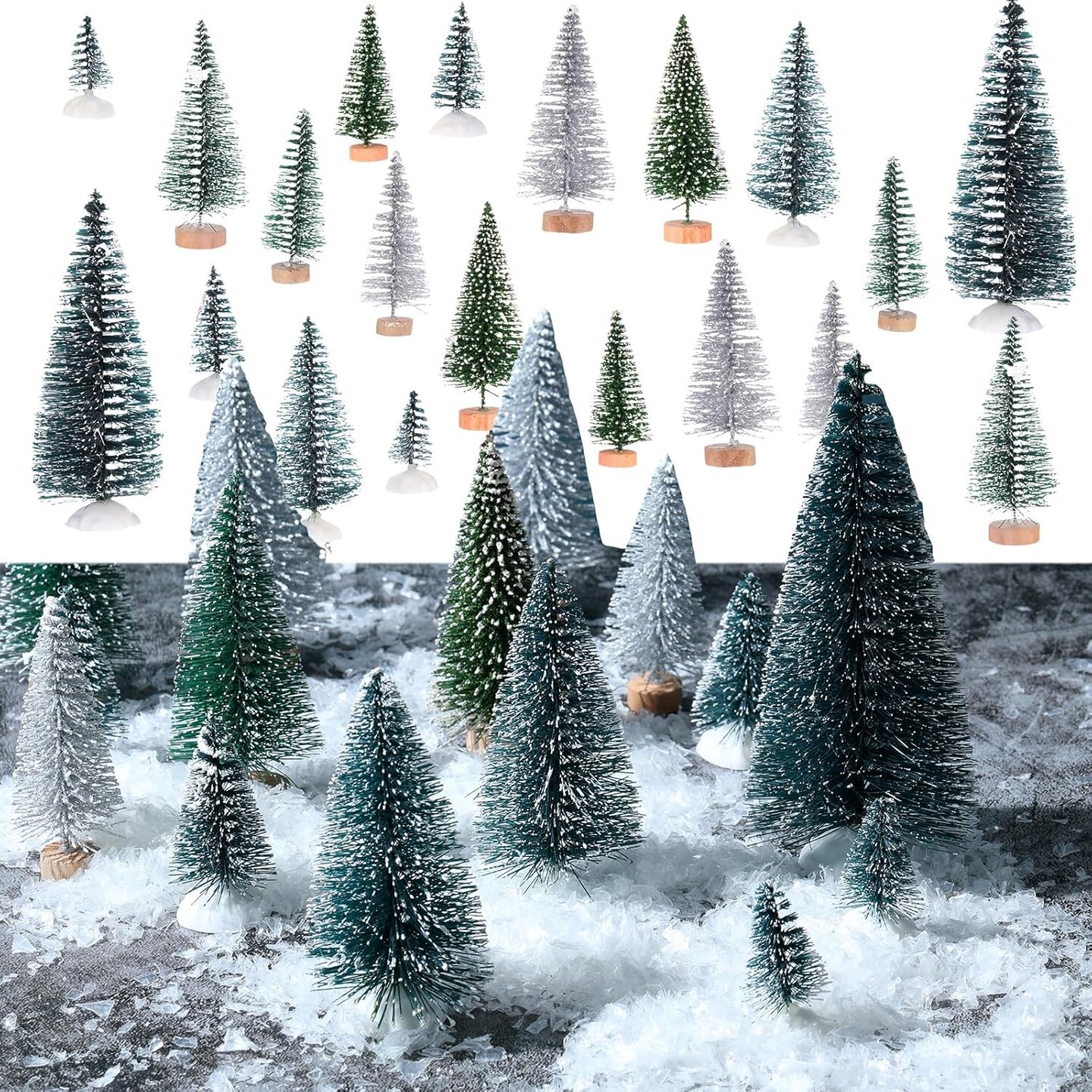 28 Pcs Mini Christmas Bottle Brush Trees 1.6''-5.3'' Artificial Tiny Sisal Snow Trees Miniature Christmas Village Trees Diorama Trees
