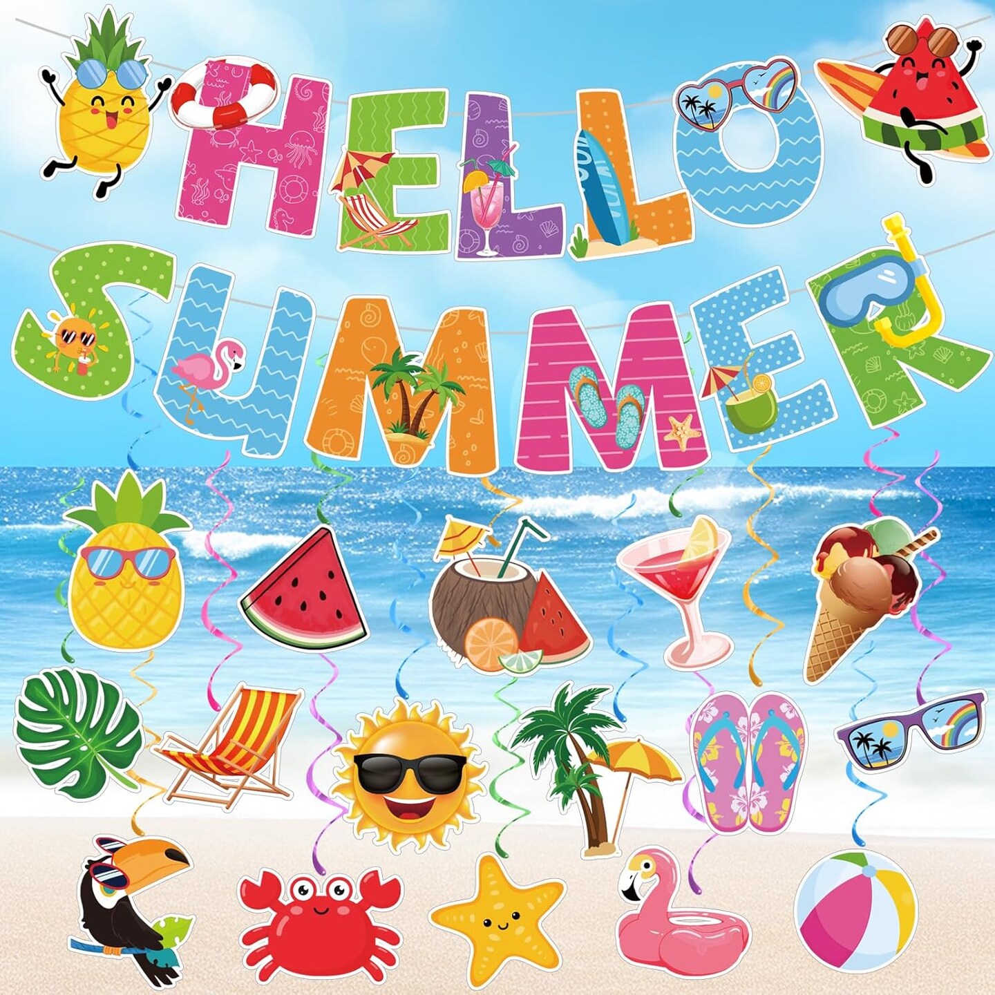 Summer Beach Party Decorations - Pre-Strung Hello Summer Banner and 16 Hanging Swirls Pool Party Decorations for Home Office Classroom