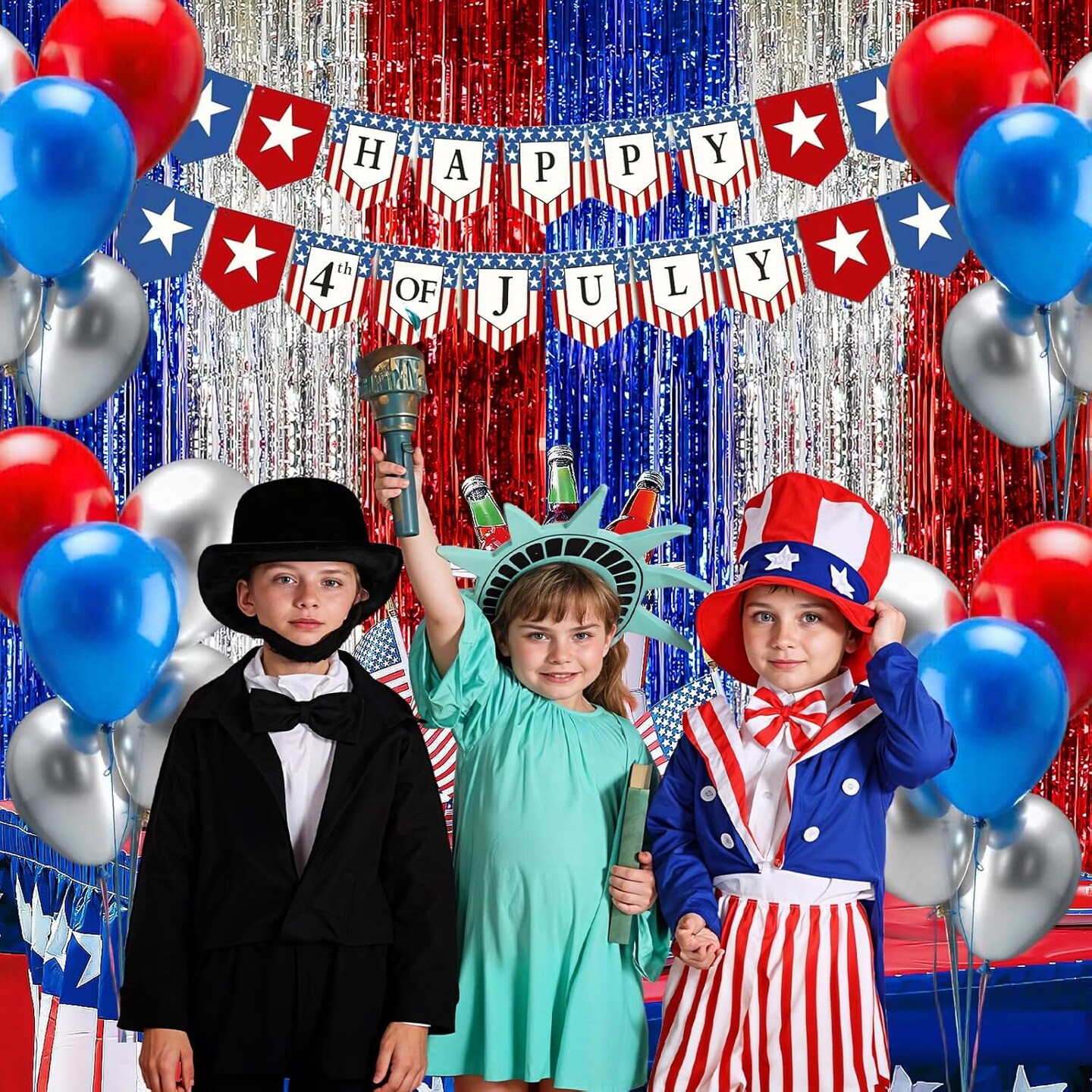 4th of July &#x26; Veterans Day Decorations, 2 Packs 3.3 x 6.6 ft Red White and Blue Foil Fringe Curtains, Tinsel Streamers for Patriotic Parties
