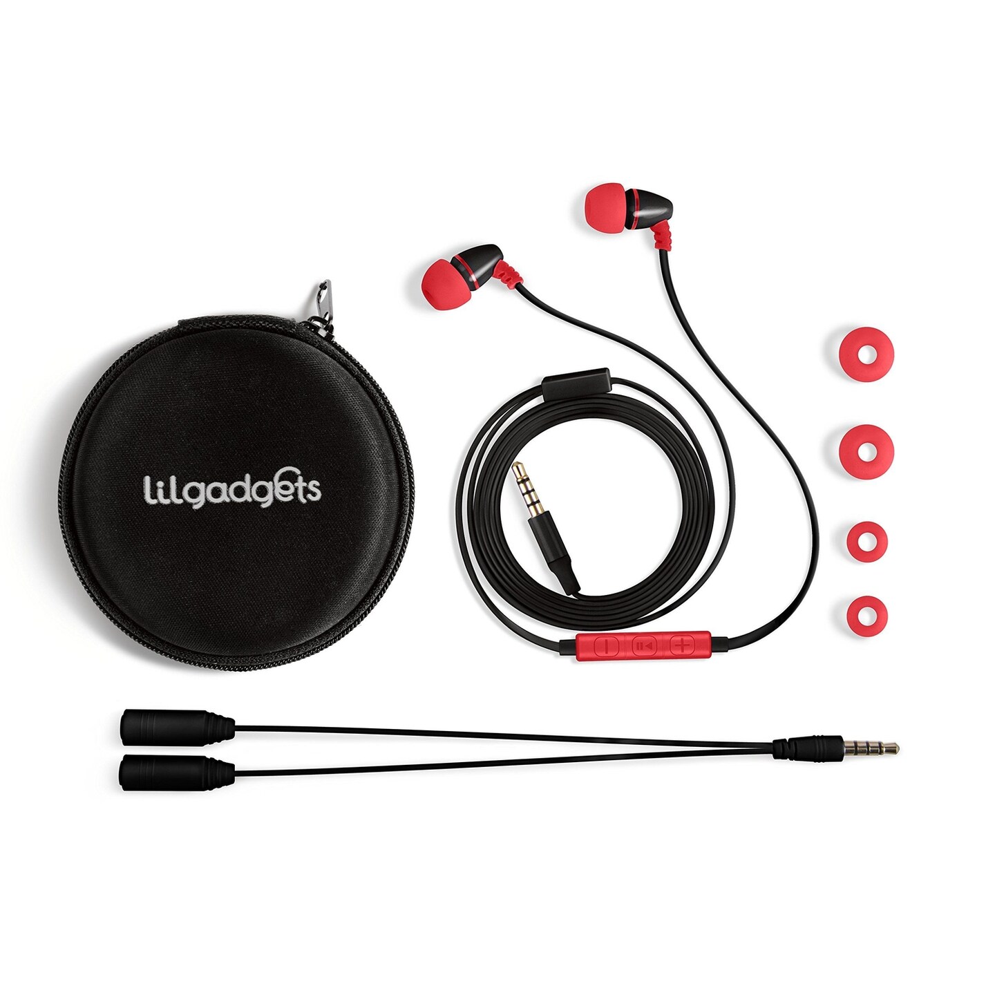 LilGadgets BestBuds Ear Buds for Kids for School - Safe & Comfortable, Volume Limited, Wired Earbuds for Kids with an in-Line Microphone, Travel Case, and Splitter - Red/Black