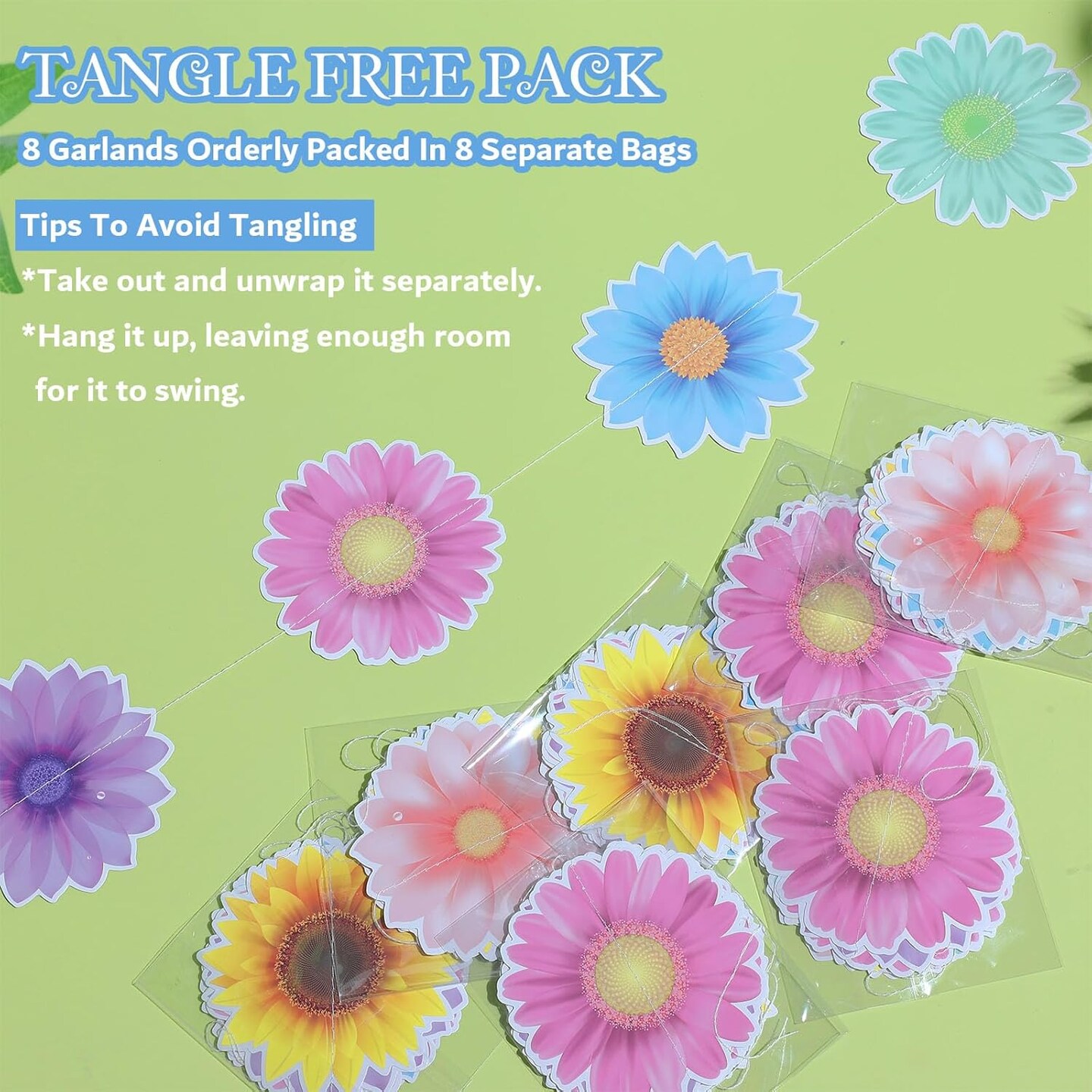 8 Packs Spring Party Decorations Sun Flowers Banners Colorful Sunflower Garland Decor for Women Spring Summer Easter Flower Themed Birthday Party Decorations Classroom Suppies