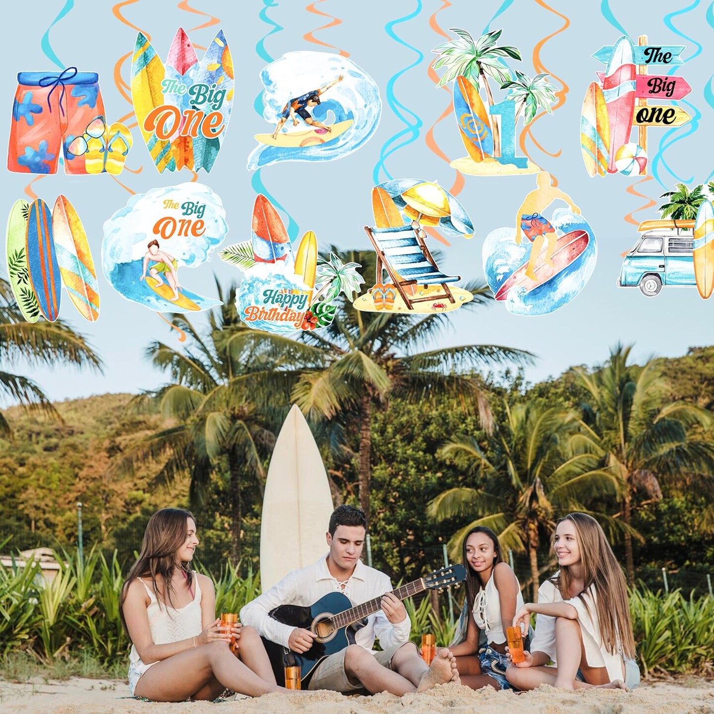 Summer Surfing Party Hanging Swirls Vintage Surfing Birthday Decoration Surfboard Themed Swirl Ceiling Summer Beach Surf Party Hanging Streamer for Hawaii Party The Big One Surf Party Supplies