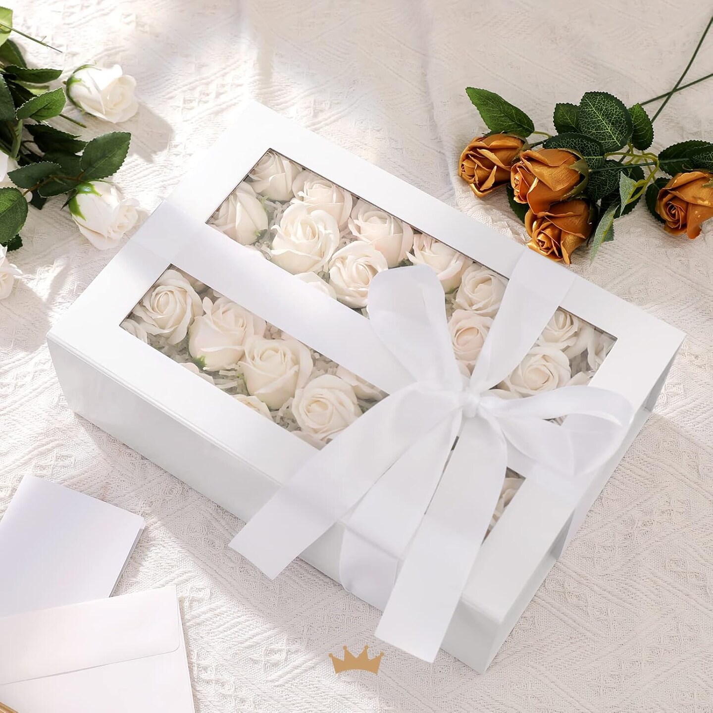Large White Gift Box with Window, Clear Gift Box for Present Contains Ribbon, Card, Bridesmaid Proposal Box with Magnetic Lid (Glossy White)