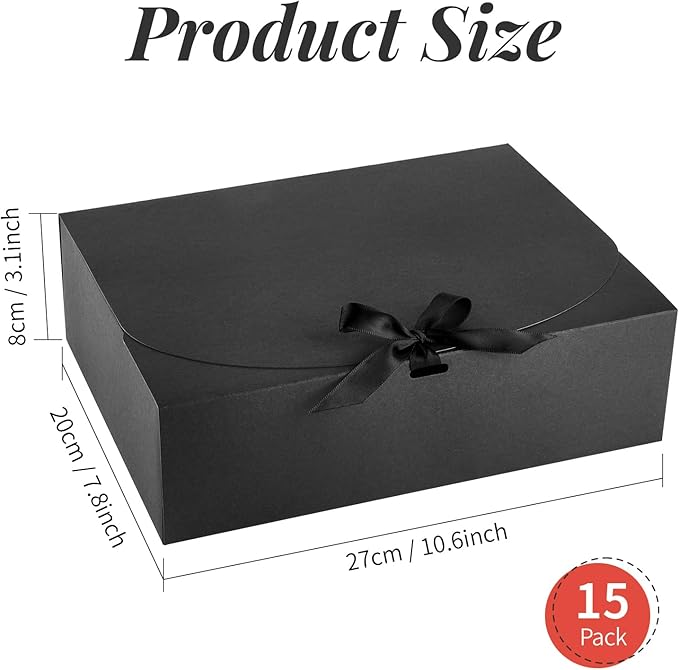 15 PCS Black Gift Boxes with Ribbons, Bridesmaid Proposal Boxes with Lids Present Packaging Boxes for Wedding, Birthday, Party and Bride Shower, 10.6 x 7.8 x 3.1 Inches