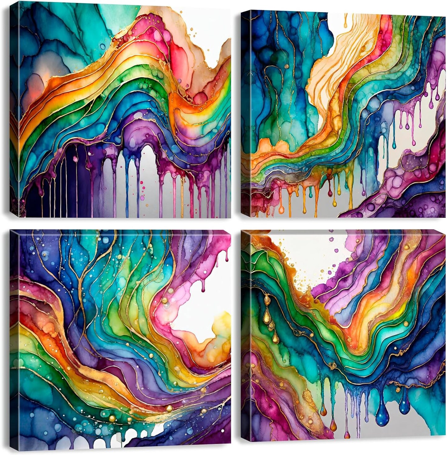 Abstract Rainbow Wall Art Colorful Fluid Lines Pictures for Living Room Modern Graffiti Wall Decor Watercolor Fantasy Red Green Blue Liquid Painting Canvas Prints Bedroom Home Decorations 12x12” 4Pcs