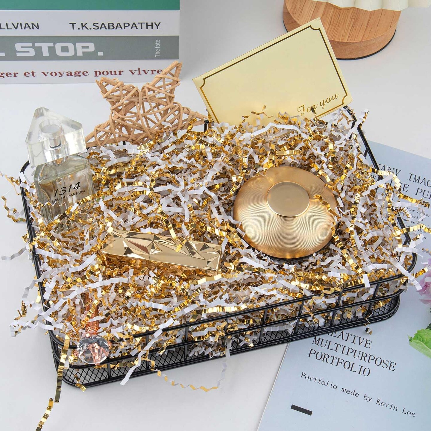 4.5oz White & Gold Crinkle Cut Paper Shredded Filler – Decorative Confetti for Gift Boxes, Baskets, and Party Packaging – Birthday, Wedding, Anniversary, Christmas (Gold&White)