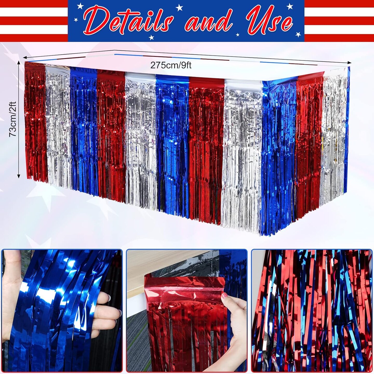 6 Pack 4th of July Table Skirt Decorations, Red Silver and Blue Patriotic Metallic Foil Fringe Tinsel Table Skirts, Fourth of July Table Decorations for Independence Memorial Veterans Day, 29x108 Inch