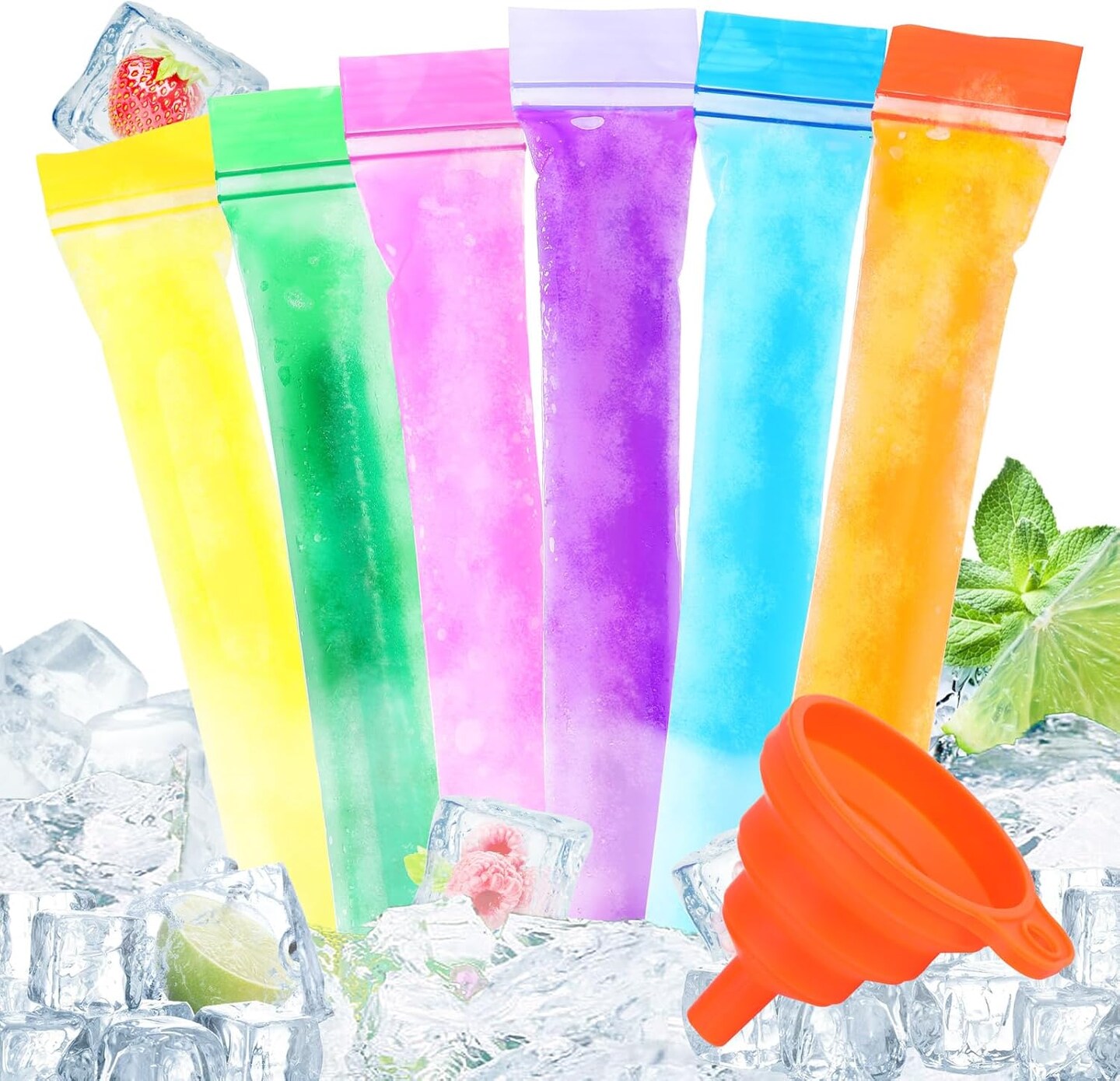 120 Disposable Ice Popsicle Mold Bags, Freezer Tubes with Double Leak-proof Zip Seals 6 Vibrant Colors Soft PE Material Easy to Fill for Snacks Yogurt Juice Fruit Ice Pops with Funnel