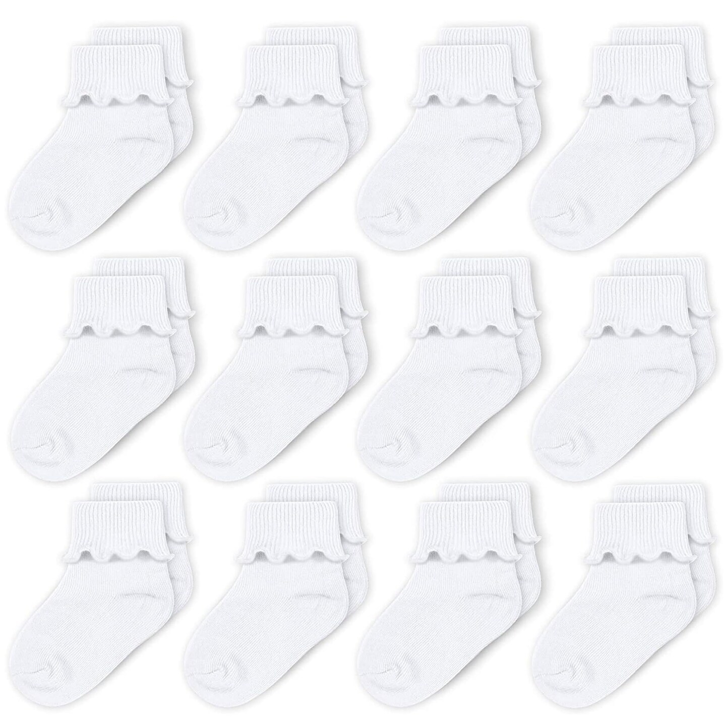 CozyWay Baby Ruffle Socks Baby Girl Turn Cuff Ankle Comfy Cotton Socks Infant - 0-9 Months Unisex White - 12 Pack