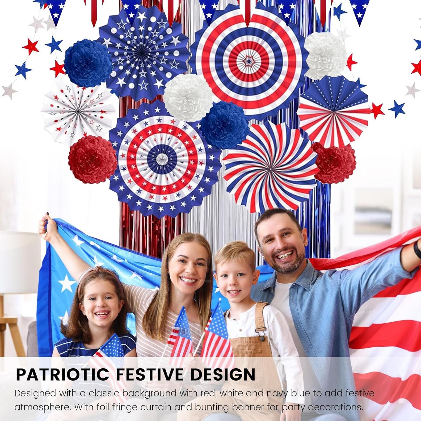4th of July Decorations Patriotic Decor American Flag Red White Blue Paper Fans Independence Day Star Streamer, Foil Fringe Curtain, Pom Poms, USA Pennant Bunting Party Decor Supplies