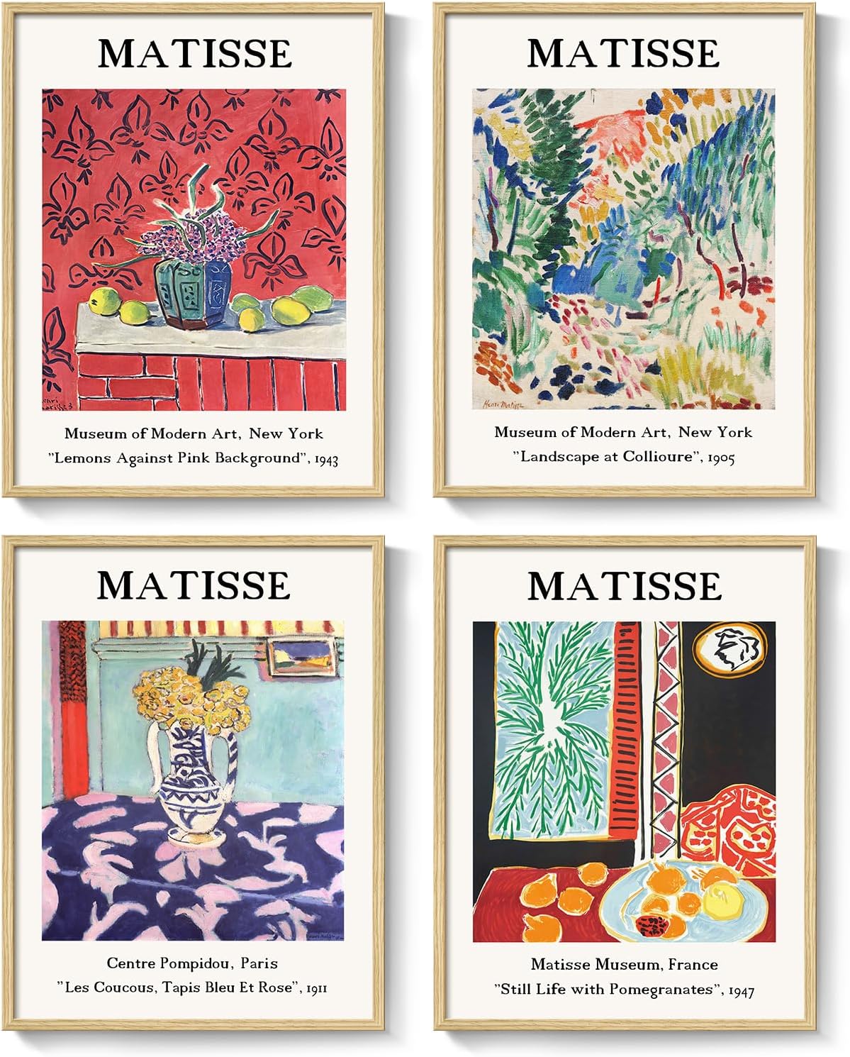Framed Matisse Wall Art for Living Room Bedroom, Set of 4 Piece Canvas Prints, Bright Colorful Abstract Artwork, Famous Paintings Vintage Pictures