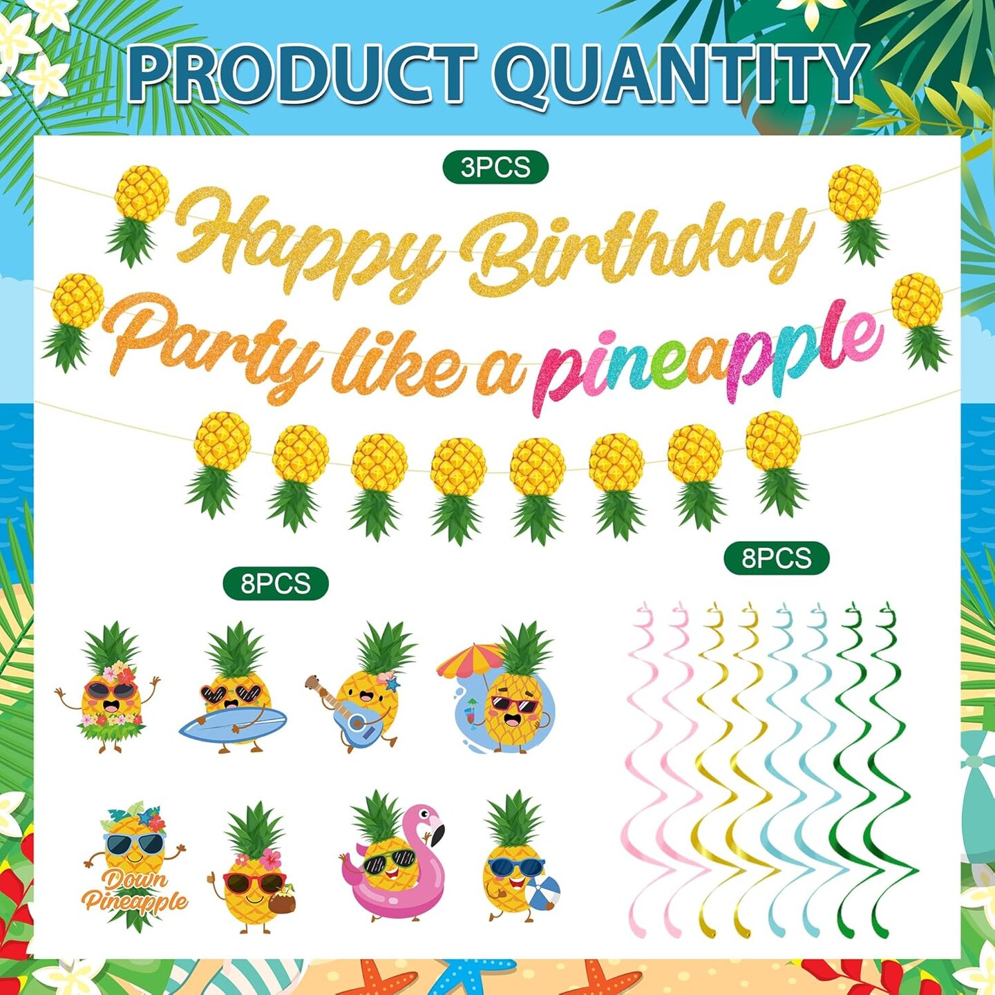 Pineapple Birthday Banner Decorations - Party Like A Pineapple Happy Birthday Banner with Hanging Swirl Tropical Party Decor for Summer Aloha Luau Hawaiian Birthday Party Supplies, Yellow