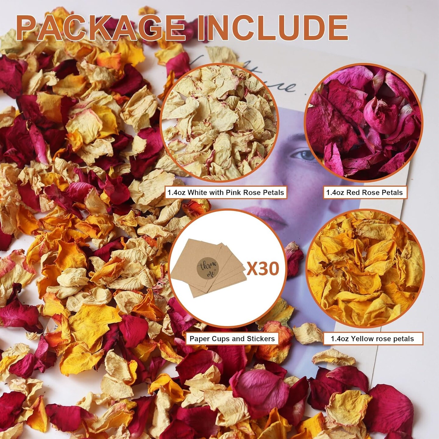 Dried Rose Flower Petals Biodegradable Confetti, 30 Cups Mix Real Natural White Pink Yellow Rose Petals for Wedding Proposal Party Valentine's Day Decor Flower Girls
