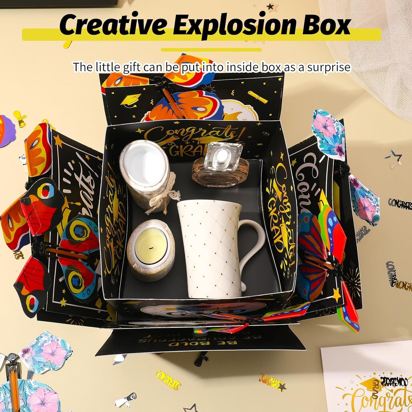 Graduation Flying Butterfly Surprise Box, Graduation Explosion Surprise Gift Box, Butterfly Party Favors DIY Exploding Surprise Butterfly Gift Box Graduation Gift for Graduate, 7.9x7.9x5