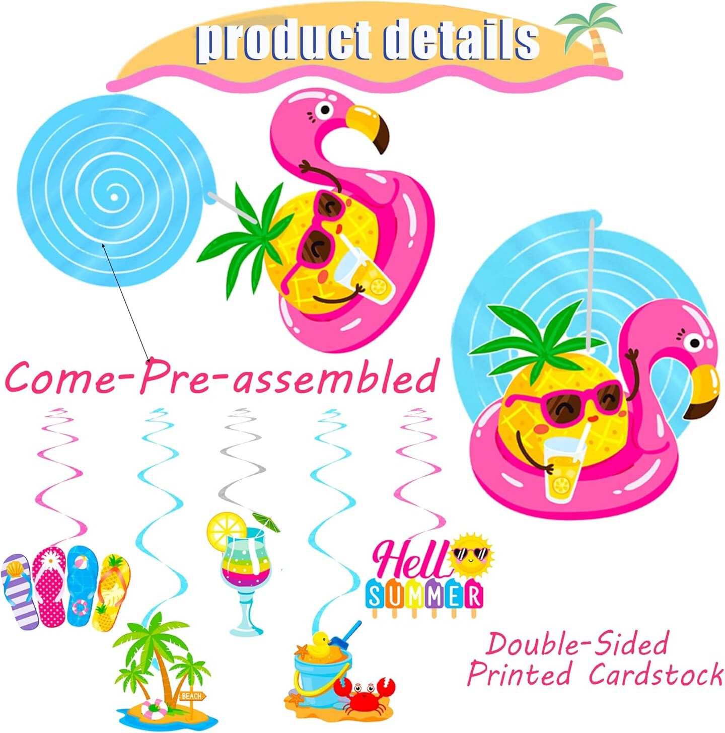 20Pcs Hello Summer Party Hanging Swirls Summer Beach Party Ceiling Hanging Decor Pool Party Hanging Streamers Summer Birthday Decorations for Hawaiian Themed Birthday Party Supplies