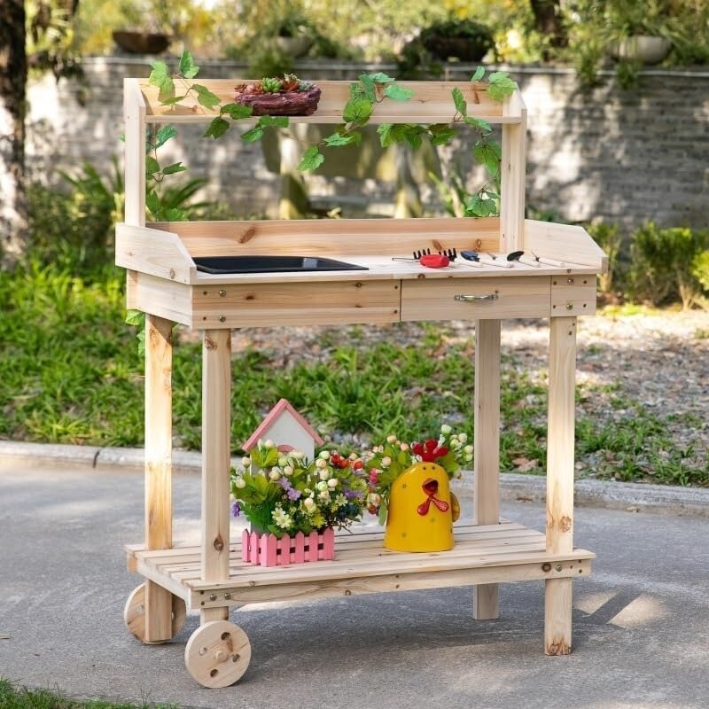 Wooden Potting Bench with Sink, Drawer &#x26; Storage on Wheels