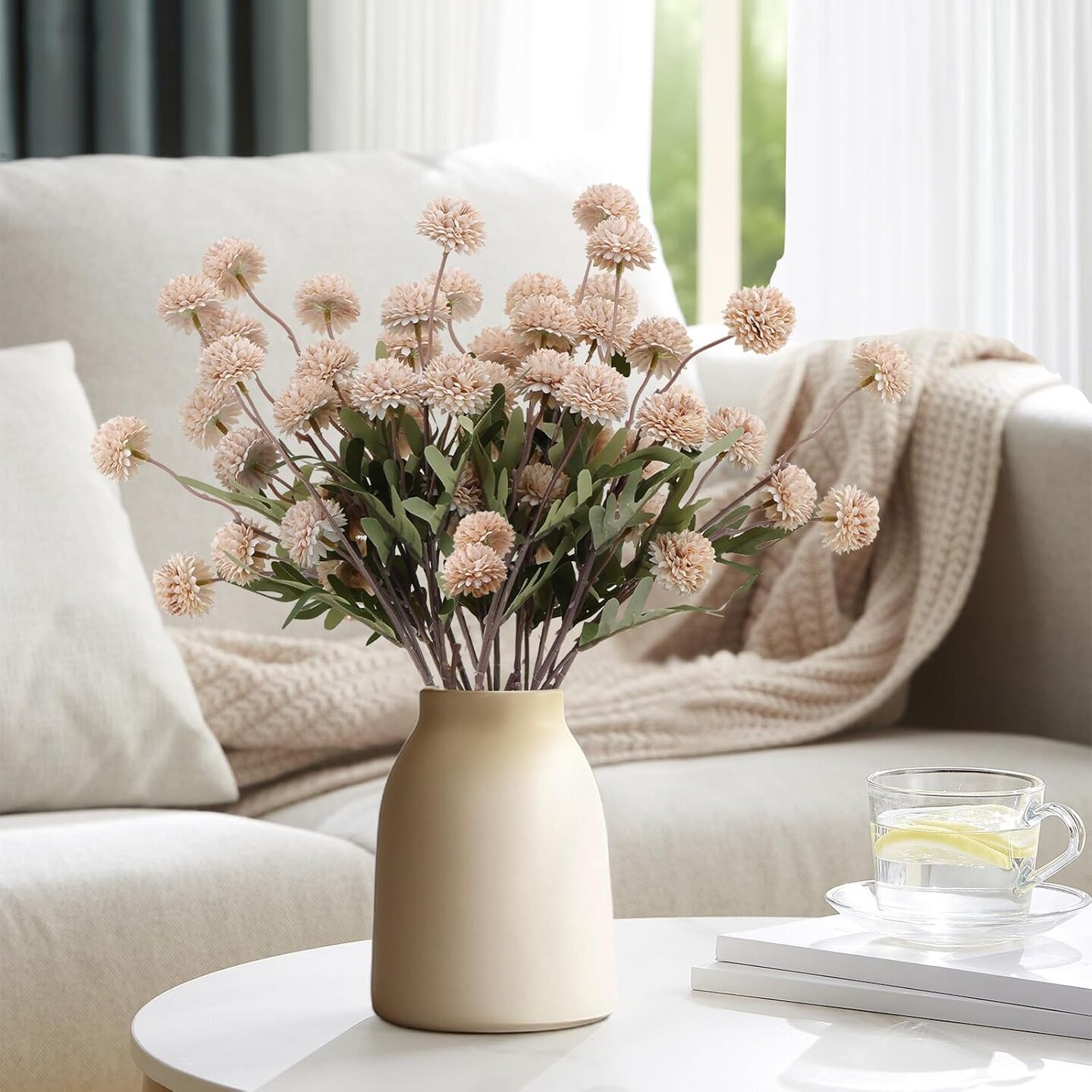 10pcs Faux Silk Pompon Mum Artificial Flowers, Bulk Fake Small Chrysanthemums with Stems for DIY Bouquet Centerpieces Wedding Fillers Arrangements Shower Decorations, Beige