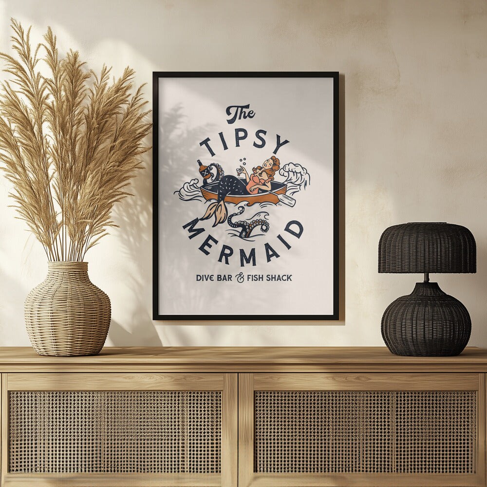 Tipsy Mermaid Dive Bar Mermaid Art - The Whiskey Ginger 24x36 Black Framed Art | Home or Office Art