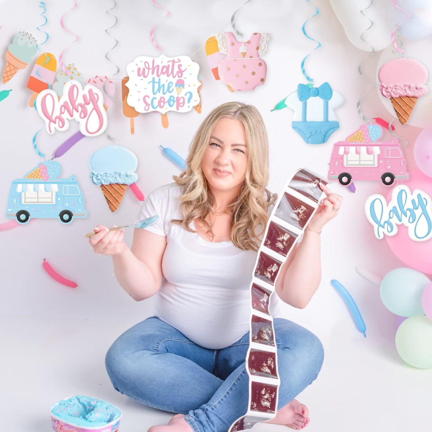 Ice Cream Gender Reveal Party Summer Decor, Pastel Ice Cream What&#x27;s the Scoop Hanging Swirls, Pink Blue Ceiling Streamers for Summer Ice Cream Theme He or She Boy or Girl Baby Shower Mom To Be Party Supplies