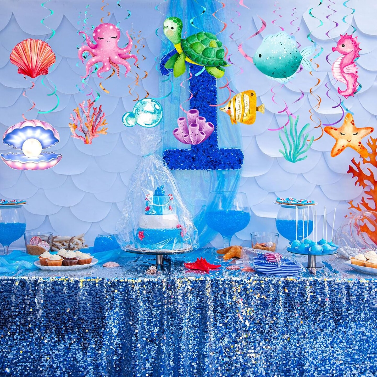 54 Pcs Under the Sea Swirls Decorations Tropical Fish Animals Hanging Banner Ocean Garlands Turtle Ceiling Streamers for Summer Birthday Wedding Baby Shower Supplies Party Decor