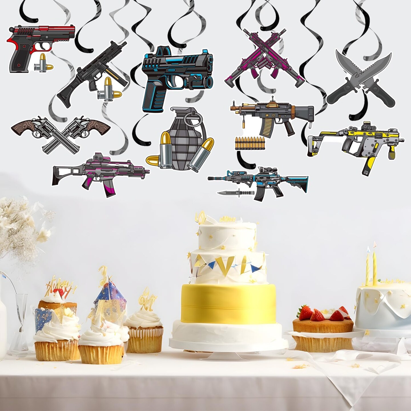 Gun Hanging Swirls Gun Pistol Party Hanging Decorations 20PCS Gun Shooting Ceiling Swirls Gun Themed Birthday Party Hanging Streamers for Gun Party Baby Shower Supplies