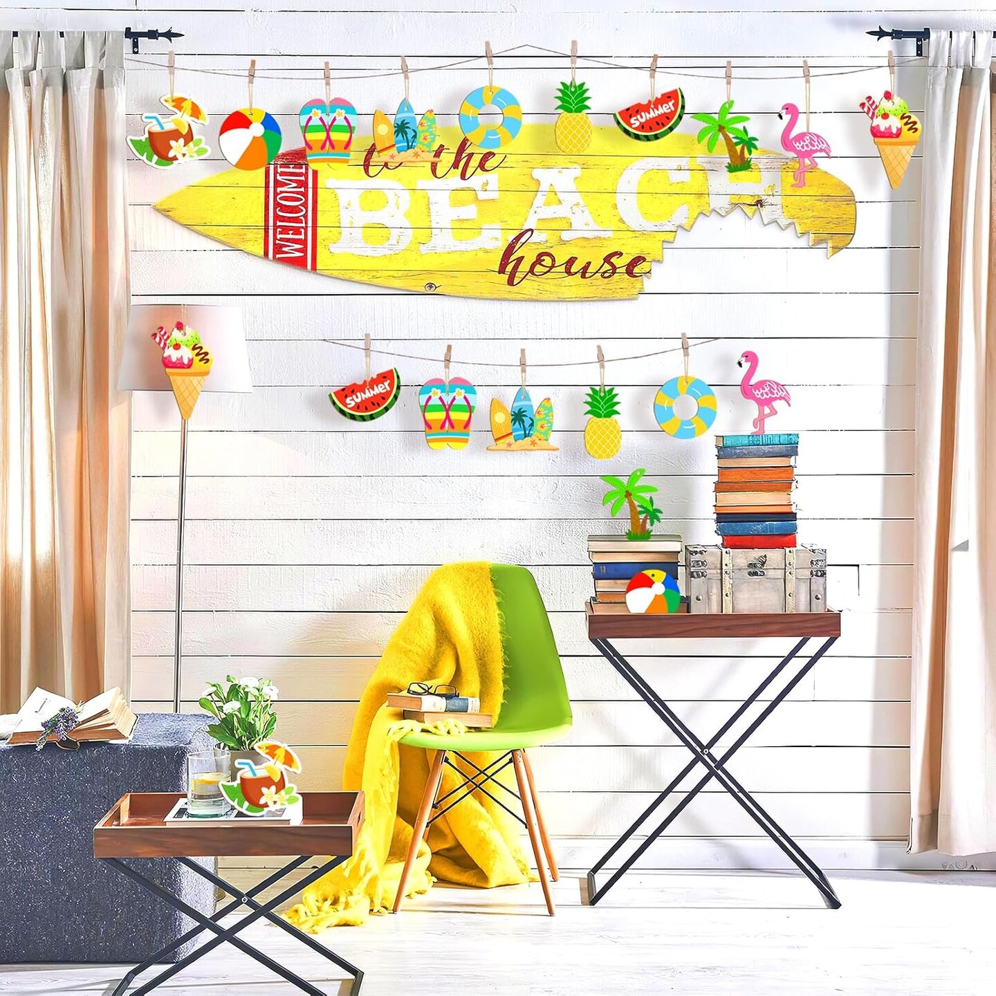 80PCS Wooden Summer Ornaments to Paint, 10 Styles DIY Blank Unfinished Wood Beach Cutouts Ornament for Crafts Hanging Decorations