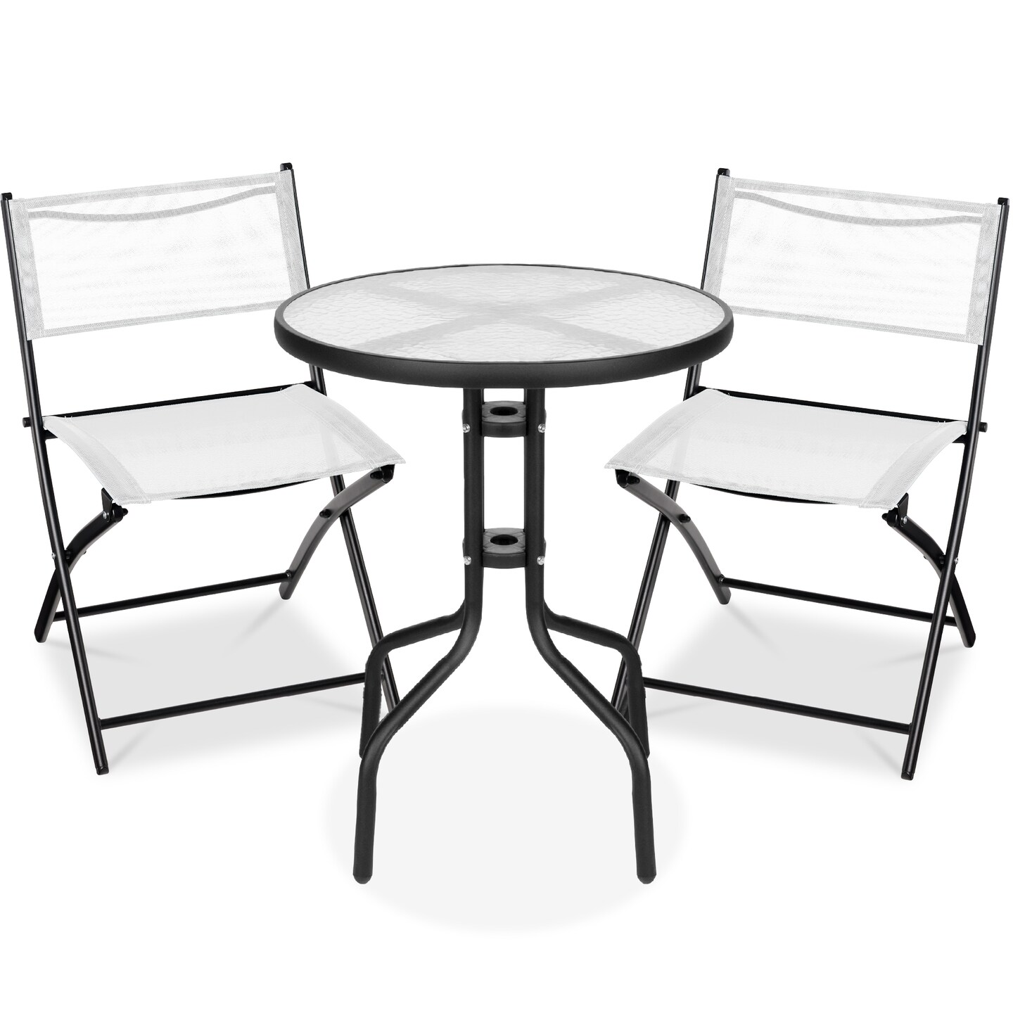 Best Choice Products 3-Piece Patio Bistro Dining Furniture Set w/ Round Textured Glass Tabletop, Folding Chairs