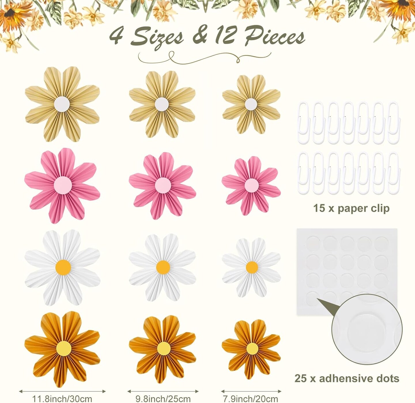 12 Pcs Paper Flowers Decorations for Wall Sunflower Daisy Paper Fans Classroom Decoration 3D Floral Hanging Fans for Birthday Wedding Baby Shower Spring Decor