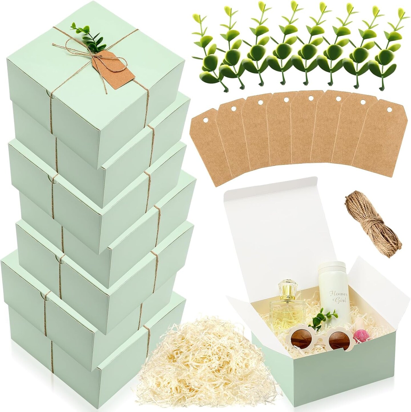 8 pack Gift Box Set 8 Bridesmaid Proposal Box 8 Wedding Gift Kraft Paper Tag 8 Eucalyptus 120g Leaves Paper Shred Filler 1 Rope for Mother's Day Birthday(Green, Ivory,8 x 8 x 4 Inch)