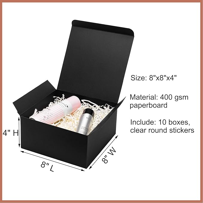 Black Gift Boxes with Lids 8x8x4 Inches 10 Pack Groomsmen Proposal Cardboard Craft Small Gift Box for Christmas, Wedding, Graduation, Holiday, Birthday Presents Packaging