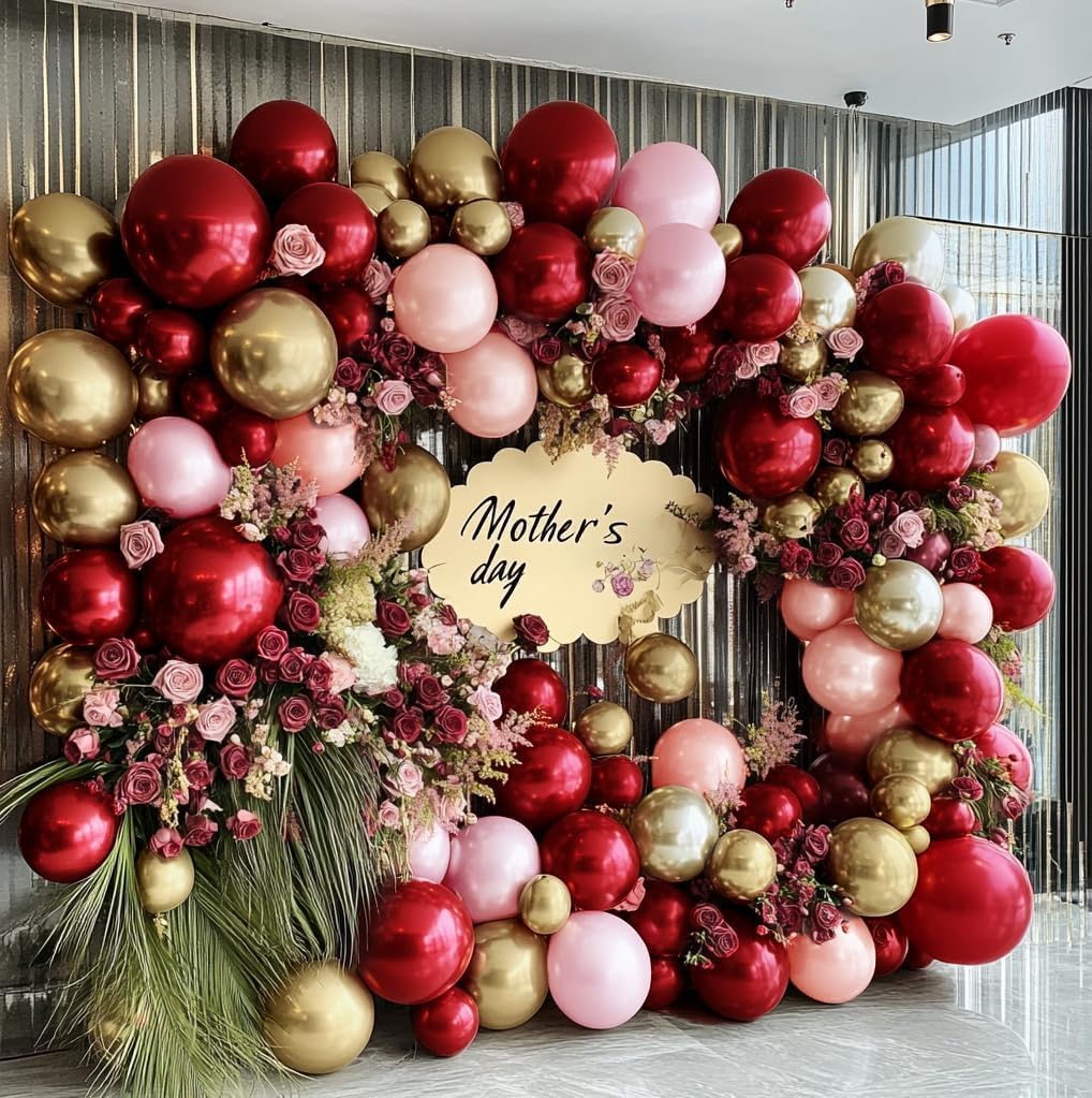 Burgundy Pink Balloon Garland - Double Stuffed Ruby Red Pearl Pink Gold Balloon Arch Kit Wine Red Maroon Metallic Balloons for Birthday Baby Bridal Shower Mother&#x27;s Day Engagement Wedding Party Decor