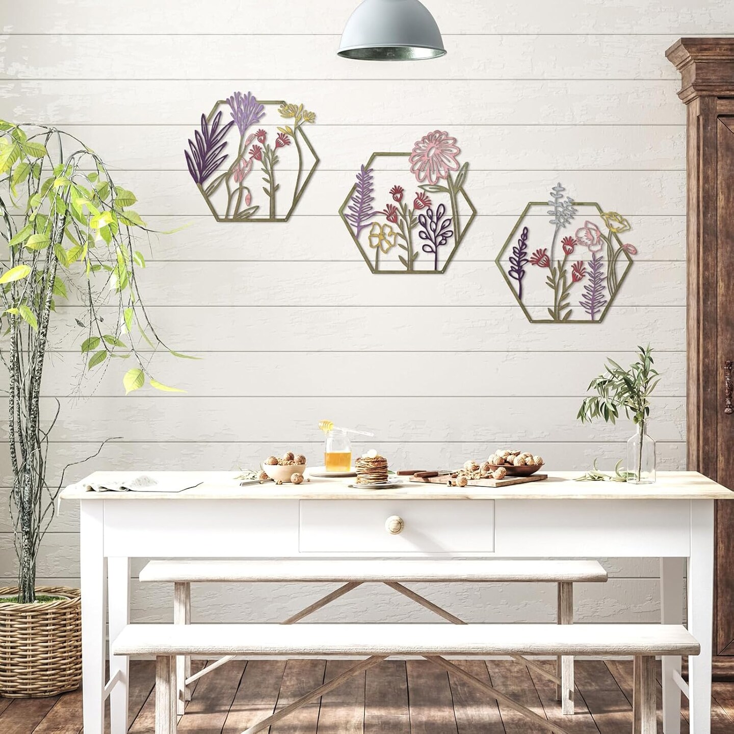 3 Pcs Metal Flower Wall Decor Minimalist Floral Wall Hanging Decor Meta Flower Art Floral Decor for Living Room Bathroom Kitchen Indoor Outdoor(Colorful)