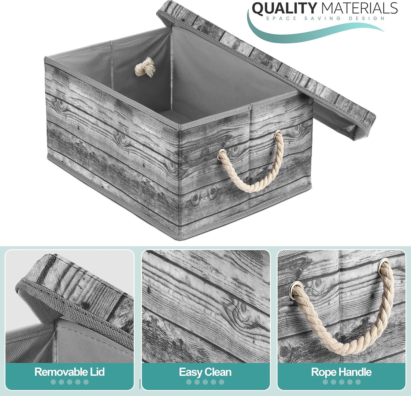 Storage Box Set with Lid, Carry Handles, Foldable Frame, Rustic Wood Grain Print Bins, Great for Toys, Memorabilia, Closet, Office, Bedroom, 2-Pack