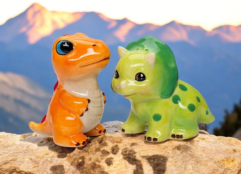 Ceramic Dinosaurs Salt and Pepper Shakers, Children&#x27;s Room Decor, Gift for Boy