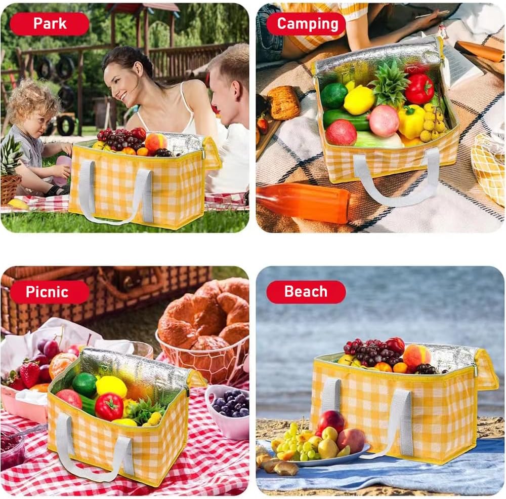 Insulated Picnic Basket Bag Cooler Reusable, Beach Bag Cooler Bags with Zippered Top - Insulated Bag for Hot or Cold,Picnic Basket Collapsible, Picnic,Beach, Outdoor (13.8x7.9x7.9 in)
