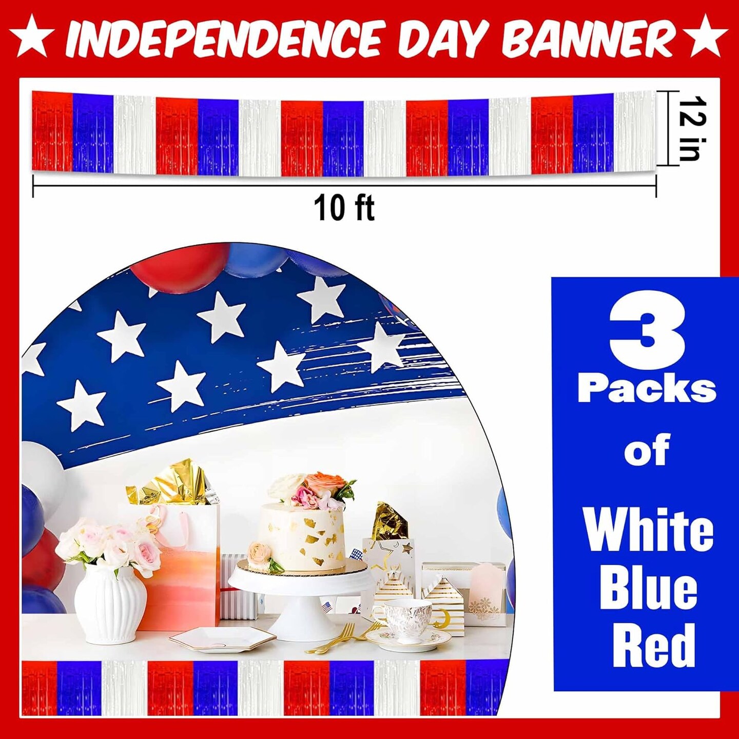 3 Pack 10 Ft White Blue Red Foil Fringe Garland Metallic Streamers Tinsel Banner Wall Hanging Garland Backdrop for Parade Floats, Halloween, Christmas, Thanksgiving, New Year Party Decorations