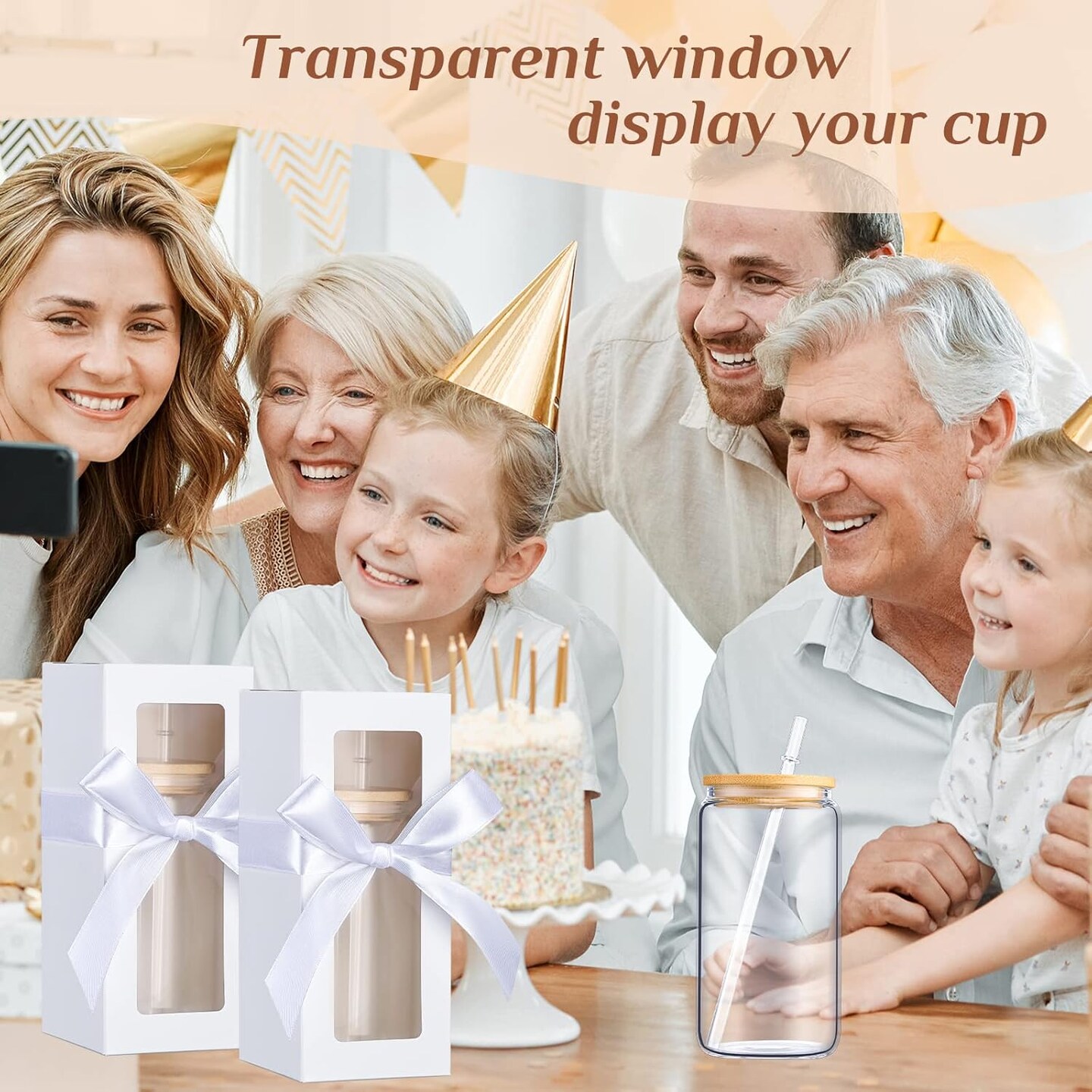 24 Pcs Tumbler Gift Boxes with Ribbon – Transparent Window Boxes for 12oz, 16oz, 20oz Mugs, Glasses & Jars (White)