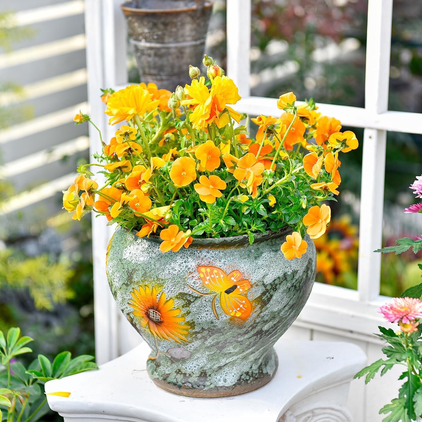 9 Inch Ceramic Hand Painted Succulent Flower Pots (Green & Orange)